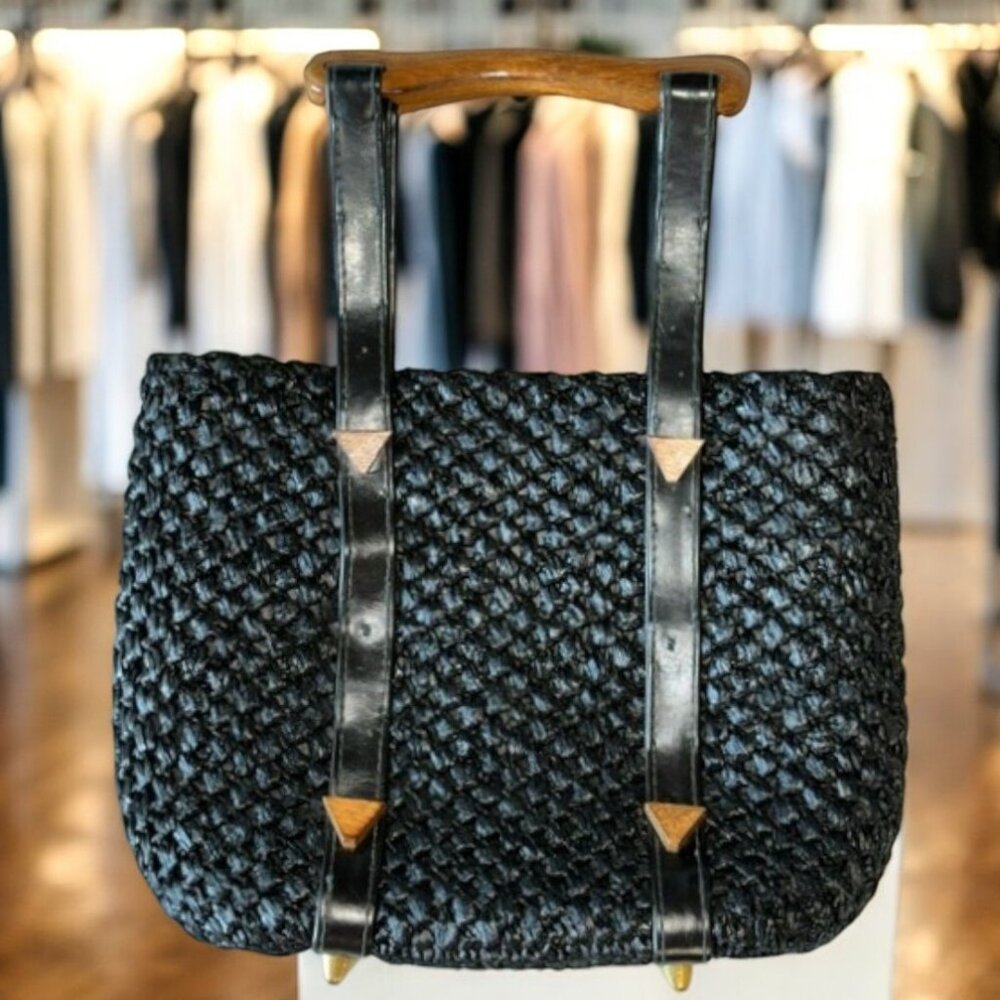 Vintage Woven Black Handbag w/Wood Handles & Accents Made in Japan